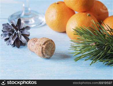 Greeting card with oranges and Christmas decorations. Greeting card with Christmas decorations