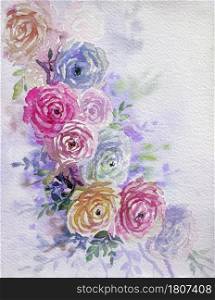 Greeting card with pink,purple rose flowers. Pastel colors vintage, bouquet beauty, spring nature,on soft color background. Handmade watercolor painting illustration.