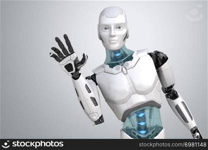 Greeting robot waves his hand on a light gray background. 3D illustration. Greeting robot waves his hand