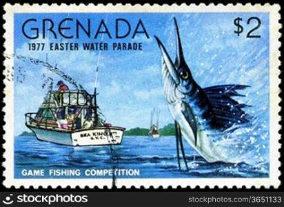 GRENADA - CIRCA 1977: A stamp printed in Grenada issued for the easter water parade shows game fishing competition, circa 1977.