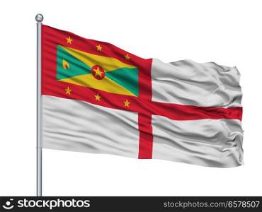 Grenada Naval Ensign Flag On Flagpole, Isolated On White Background. Grenada Naval Ensign Flag On Flagpole, Isolated On White