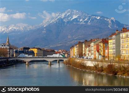 Grenoble. The city embankment.. The city embankment along the river Isere. Grenoble. France.
