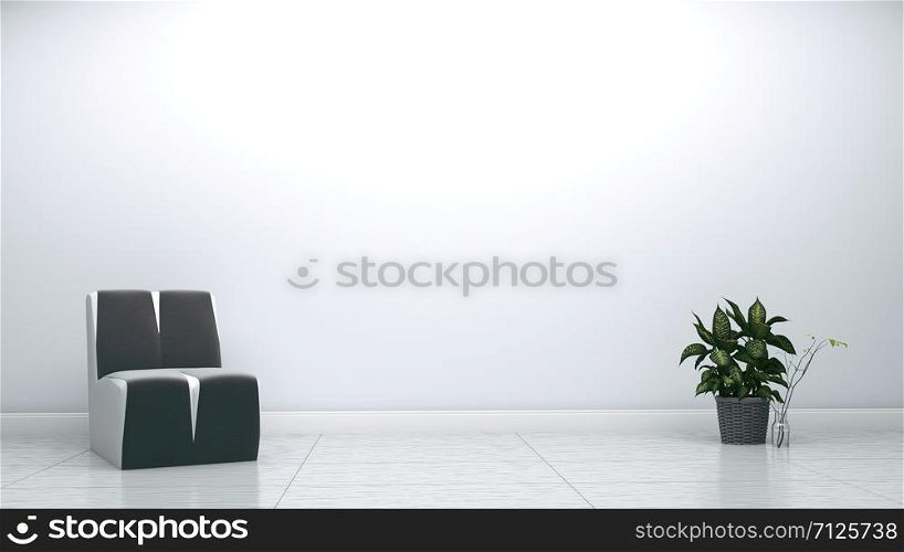 Grey armchair and plant on white wall empty background. 3D rendering