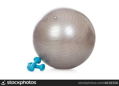 Grey ball and blue dumbbells for fitness isolated on a white background