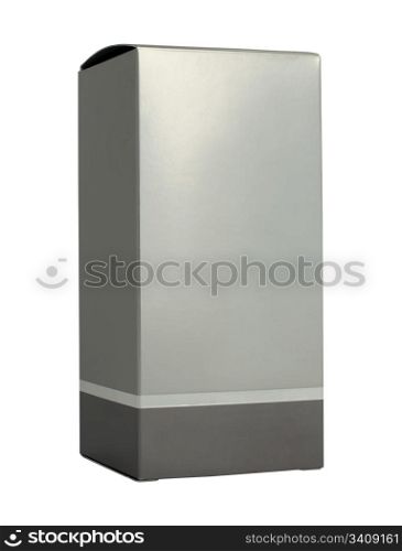 Grey box packaging. Paper made silver color. White isolated