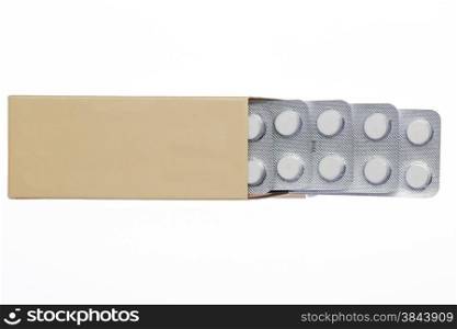 Grey box with white pills blister pack on an isolated background. Grey box with white pills blister pack