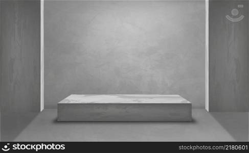 Grey Concrete studio room with 3D podium mockup, Backdrop empty modern loft design with lighting on back wall and rough gray cement floor, industrial interior background template