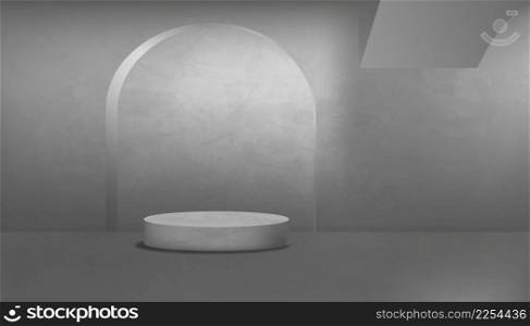 Grey Concrete studio room with 3D podium mockup,backdrop empty modern loft design with lighting on back wall and rough gray cement floor, industrial interior background template