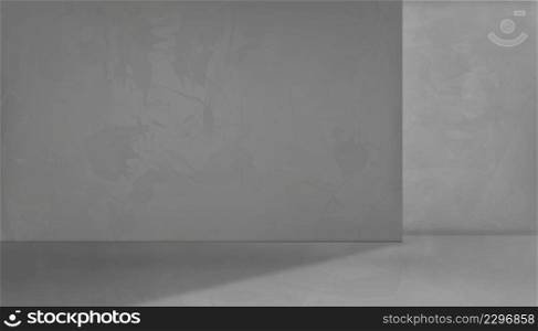 Grey Concrete studio room with 3D podium mockup, illustration backdrop empty modern loft design with lighting on back wall and rough gray cement floor, industrial interior background template