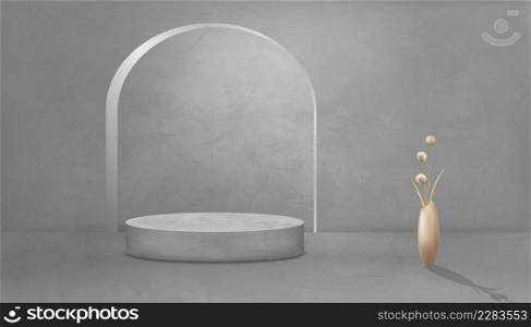 Grey Concrete studio room with 3D podium mockuprose gold flower bud in vase, Backdrop modern loft design with lighting on back wall and rough gray cement floor, industrial interior background