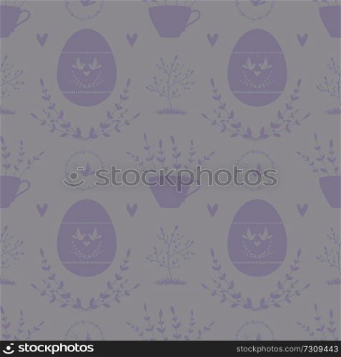 Grey easter seamless pattern with decorated eggs and other elements.