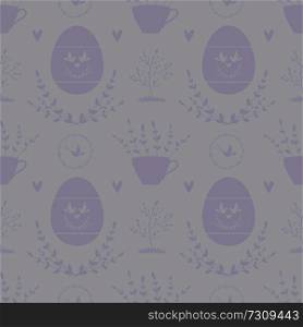 Grey easter seamless pattern with decorated eggs and other elements.