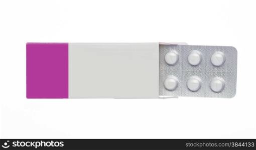 Grey-pink box with white pills blister pack on an isolated background. Grey-pink box with white pills blister pack