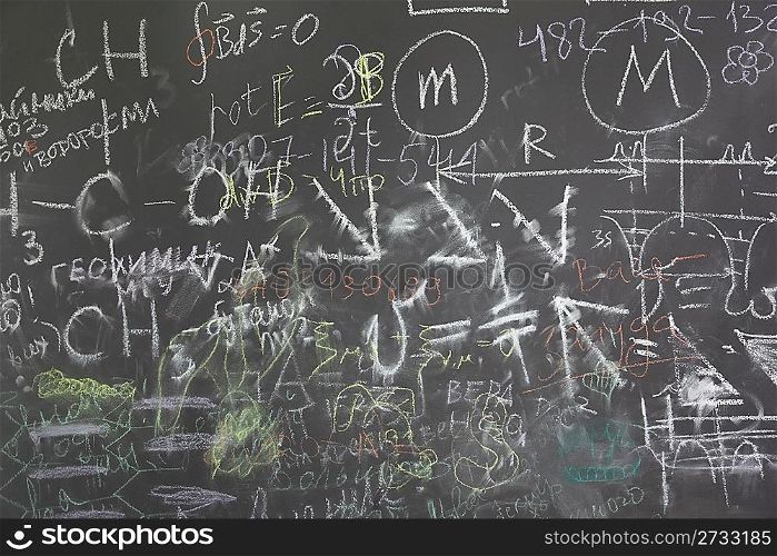 grey school chalkboard with many different formuls, signs and counts horizontal