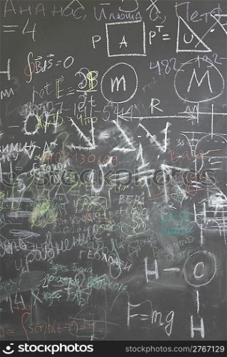 grey school chalkboard with many different formuls, signs and counts vertical