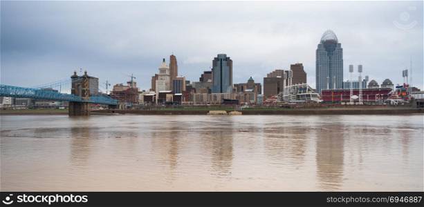 Grey skies over downtown Cincinnati and the Ohio River midwestern USA