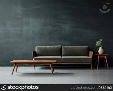 Grey sofa and coffee table against a dark wall background.