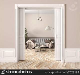 Grey sofa in living room behind the opened classic white sliding doors, interior of modern apartment. 3d rendering