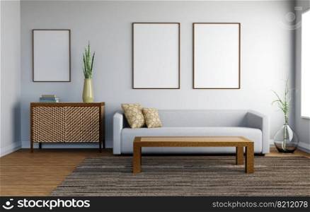 Grey sofa on wooden floor, wooden side table in living room with white wall. 3d illustrations.