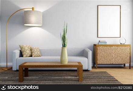 Grey sofa on wooden floor, wooden side table in living room with white wall. 3d illustrations.