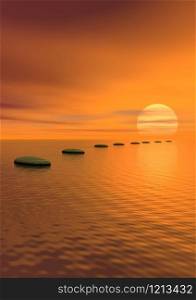Grey stones steps upon ocean going to the sun by cloudy sunset. Steps to the sun - 3D render