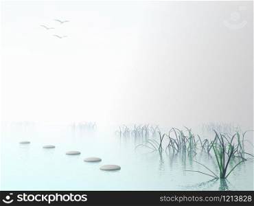 Grey stones steps upon the ocean going to white sun near grass. Steps to the sun - 3D render