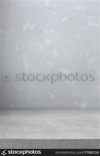 Grey table top and abstract painted wall background texture. Front view of tabletop and wall with copy space