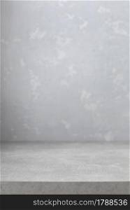 Grey table top and abstract painted wall background texture. Front view of tabletop and wall with copy space