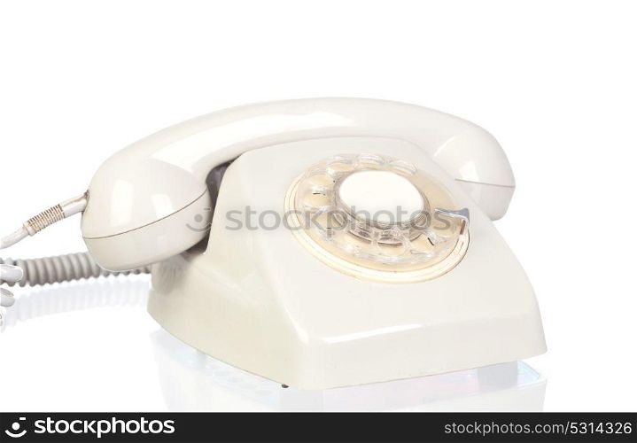 Grey vitntage telephone isolated on white background.