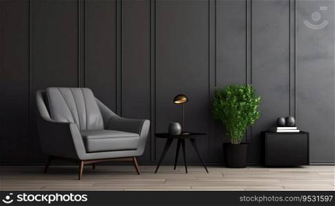 Grey wall panels and a black side table in minimalistic interior