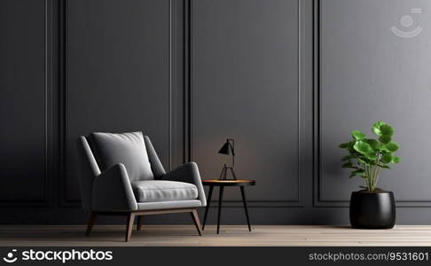 Grey wall panels and a black side table in minimalistic interior