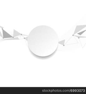 Grey white low poly connection abstract tech background with black circle for text. Technology geometric polygonal design. Grey white low poly connection tech background