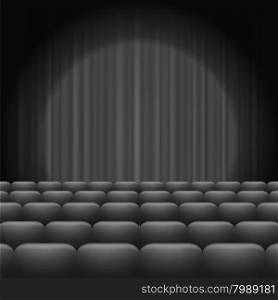 GreyCurtains with Spotlight and Seats. Classic Cinema with Grey Chairs. Grey Curtains with Spotlight and Seats