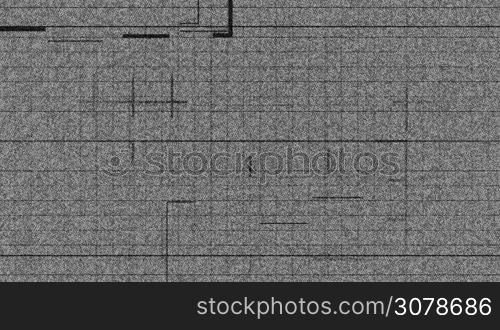 Grid with glitching lines and shapes on a flickering greyscale background and tv noise