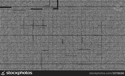 Grid with glitching lines and shapes on a flickering greyscale background and tv noise