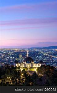 Griffith Observatory and Los Angeles at sunrise;