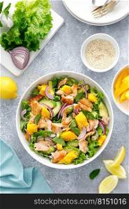 Gril≤d salmon and mango salad with avocado and fresh green≤ttuce