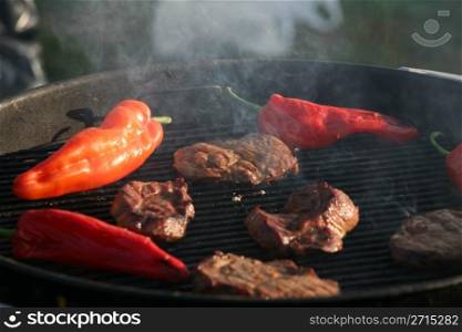 grill in the summer with meat and vegetables