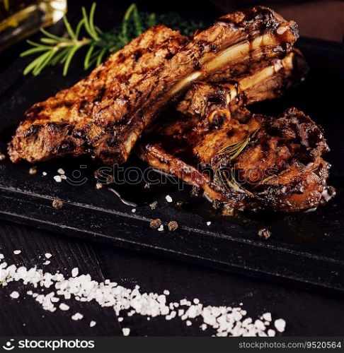 Grilled and barbecue ribs pork on black