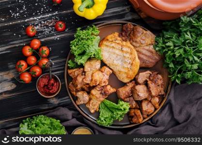 Grilled barbecue meat assortment on dark wood