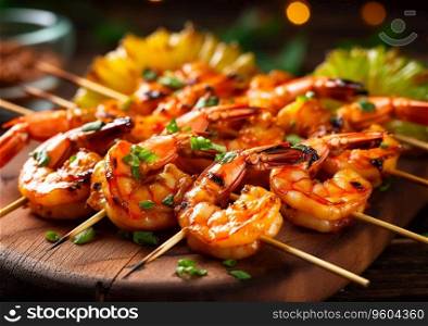 Grilled barbeque shrimps prawns on with lemon and sauce on table.AI Generative