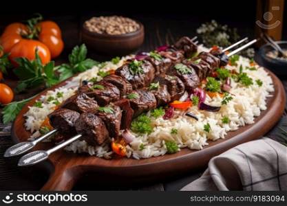 grilled beef shishkabob, served on bed of fluffy rice, with vegetables and herbs, created with generative ai. grilled beef shishkabob, served on bed of fluffy rice, with vegetables and herbs