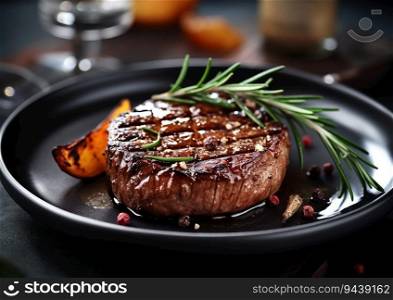 Grilled beef steak in a small plate with rosemary and pepper served on a plate in restaurant.AI Generative