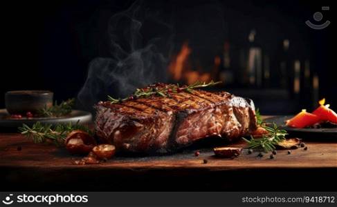 Grilled beef steak with rosemary and spices on a dark background