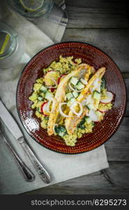 Grilled catfish with quinoa and radish salad