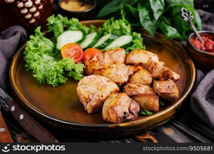 Grilled chicken and salad in a ceramic bowl