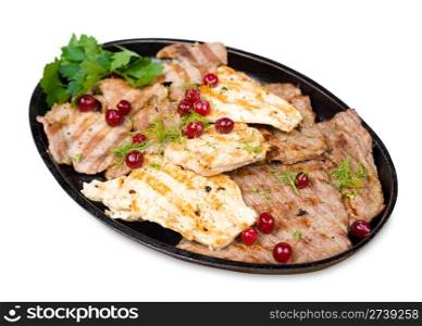 grilled chicken, beef and pork chops with cranberries, clipping path