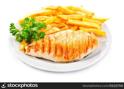 Grilled chicken breast with fries on white background