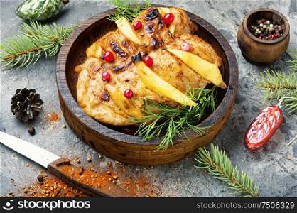Grilled chicken breast with mango.Christmas baked chicken. Christmas roasted chicken breast