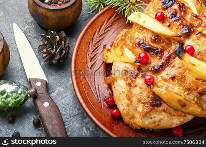 Grilled chicken breast with mango.Christmas baked chicken. Christmas roasted chicken breast